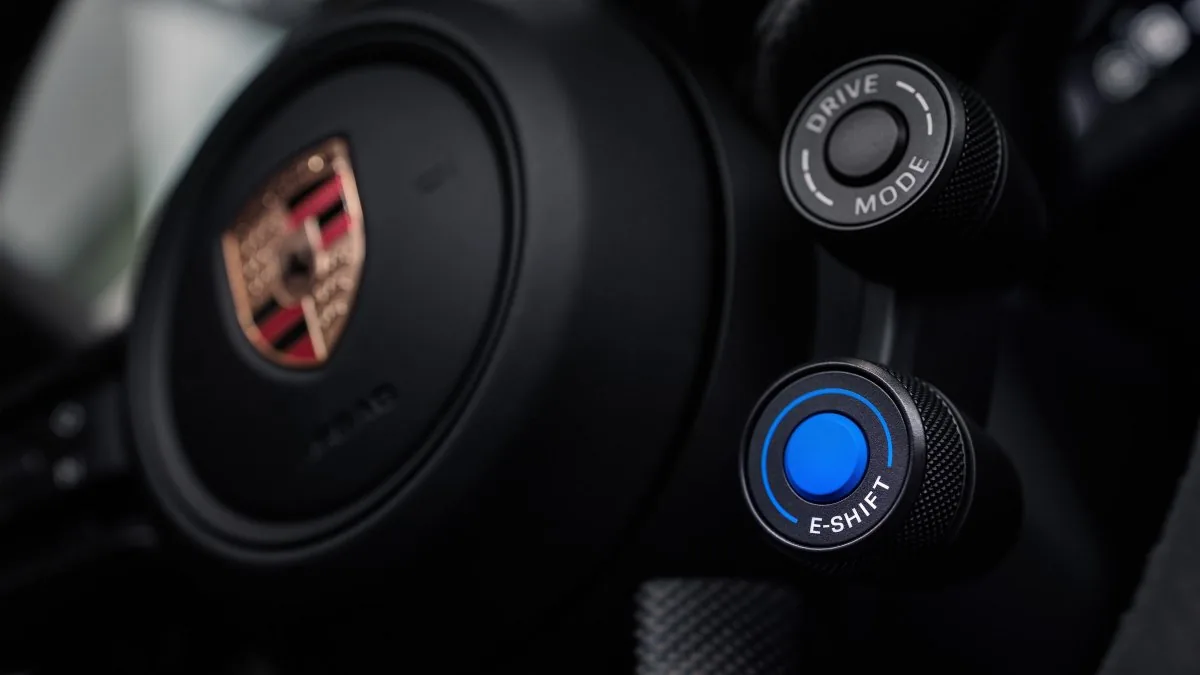 Porsche Taycan E-Shift steering wheel and interior detail