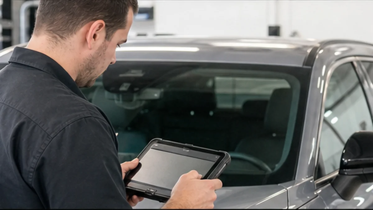 Technician checking a vehicle after ADAS windshield calibration