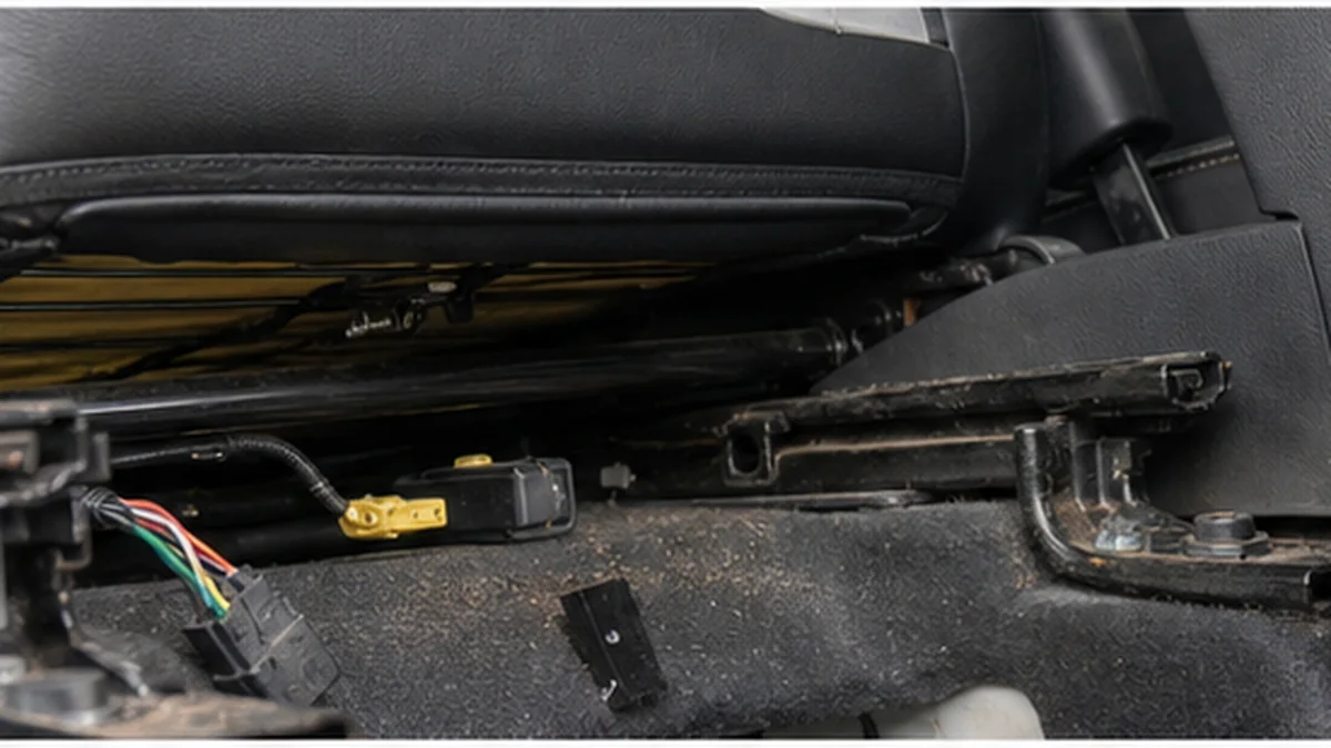 Used-car inspector checking a spare-wheel well for flood residue