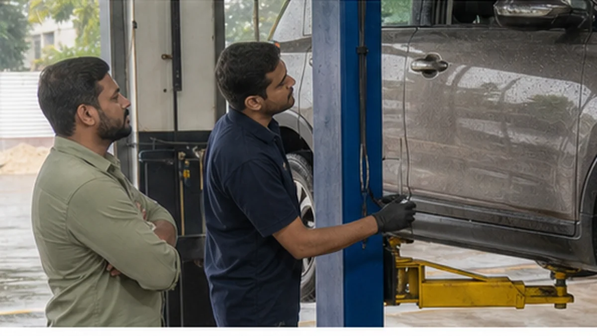 Mechanic inspecting under-seat wiring and seat rails for flood clues