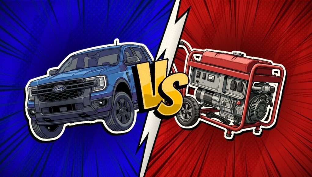 Ford Ranger PHEV beside generator test setup Ford Ranger PHEV beside generator test setup