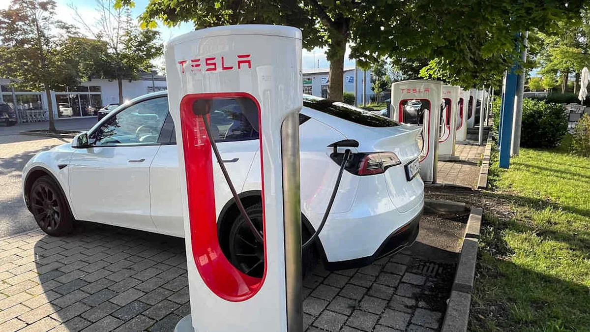 Tesla Model Y connected to a DC fast charger