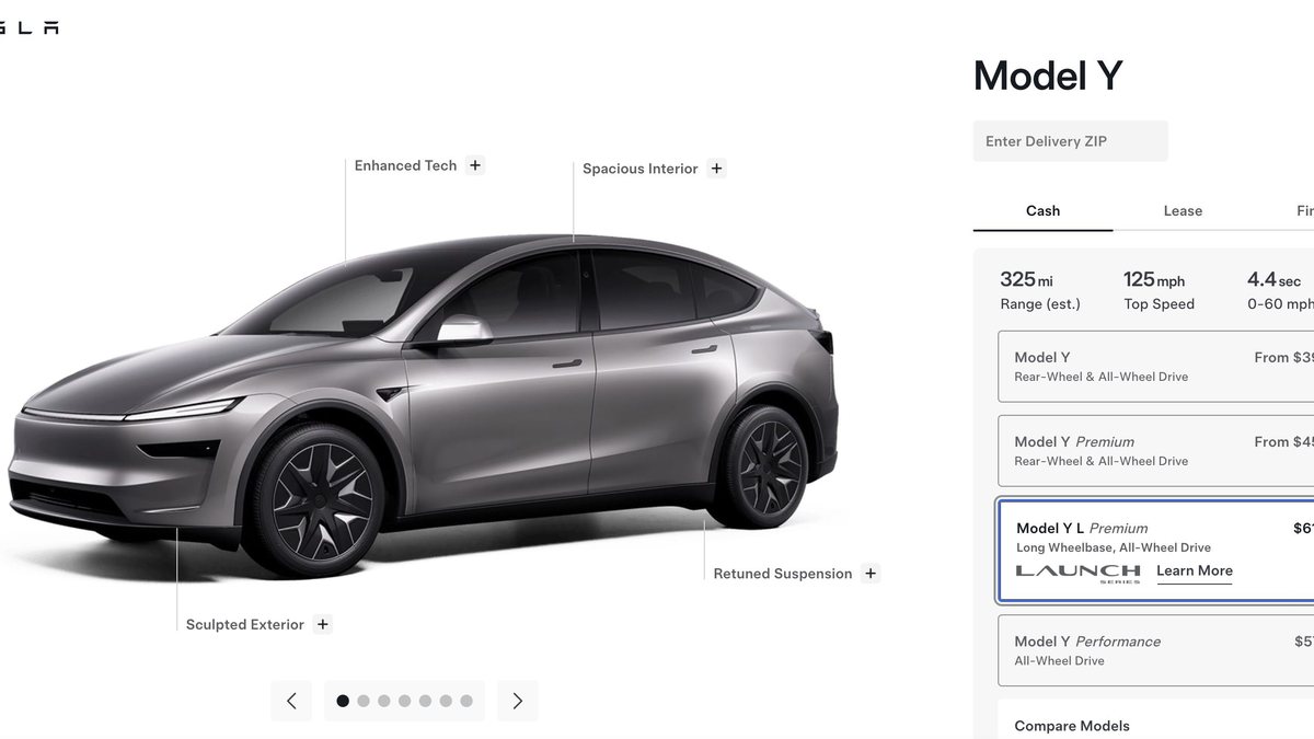 Tesla Model Y L online configuration screen