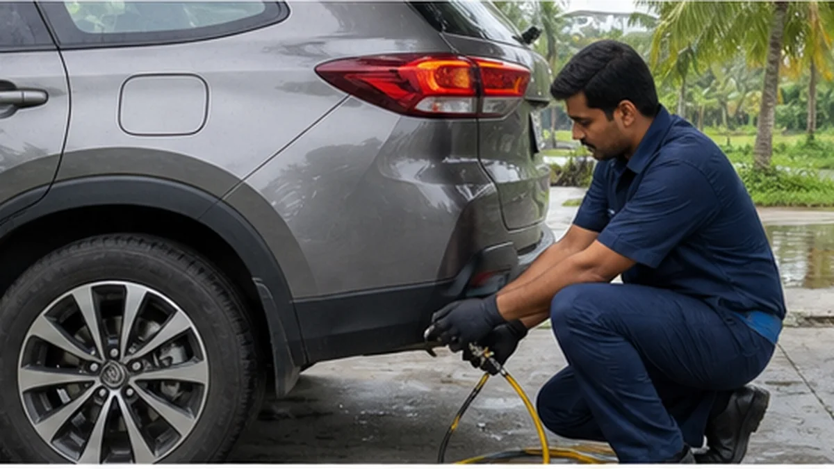 Technician measuring tire tread depth during a safety inspection