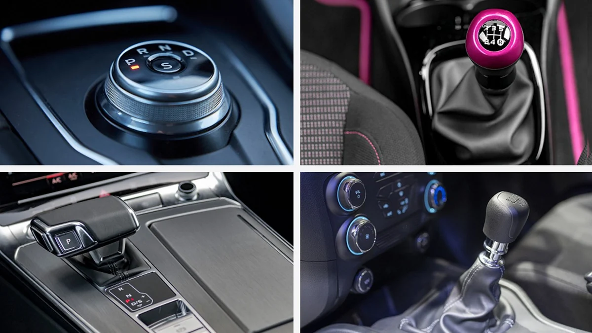 Different automatic and manual transmission selectors inside modern cars