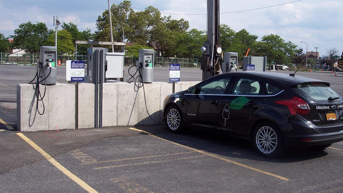 Used electric car connected to a public charging station